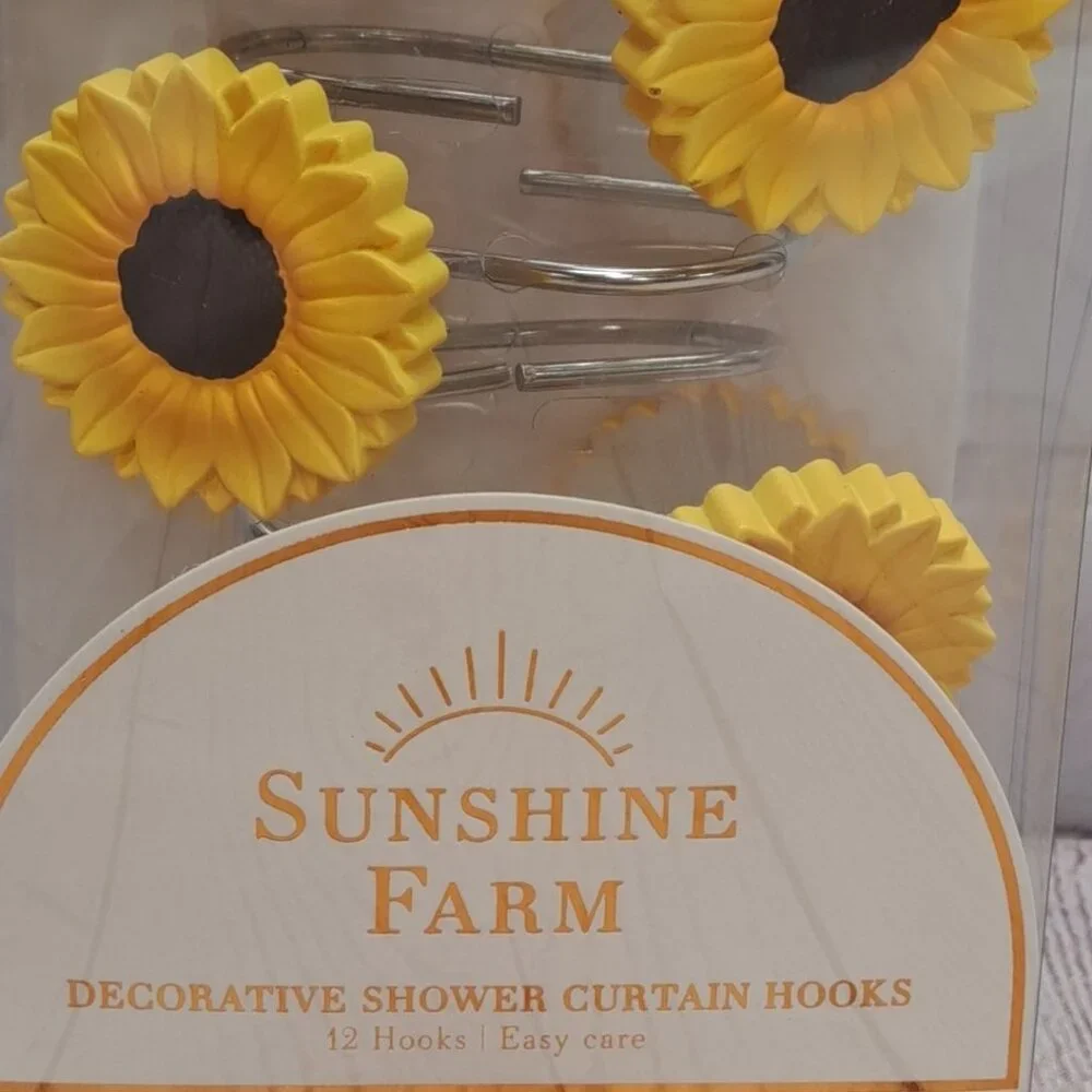 SUNFLOWER Anti Rust Shower Curtain Hooks - 12 Shower Curtain Rings 🌻New In Box